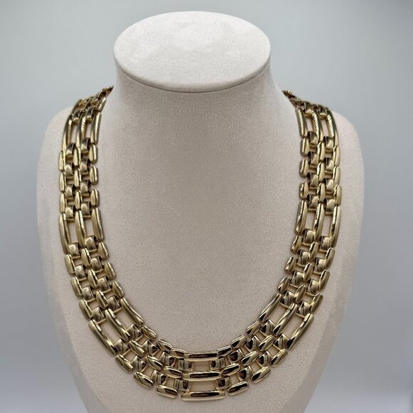 Vintage Wide Gold Tone Triple Link Collar Choker Necklace | Retro Statement 18" - Picture 1 of 4